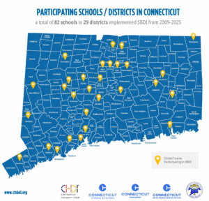Map of Connecticut with yellow pins showing districts that have implemented SBDI to date. See page below for full list of schools.